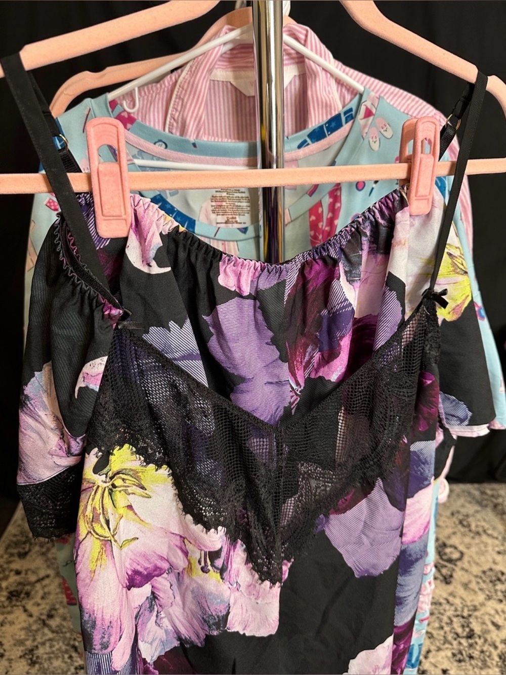 Cacique Black Floral Lace-Trim pajamas set Purple, Pink, Yellow
